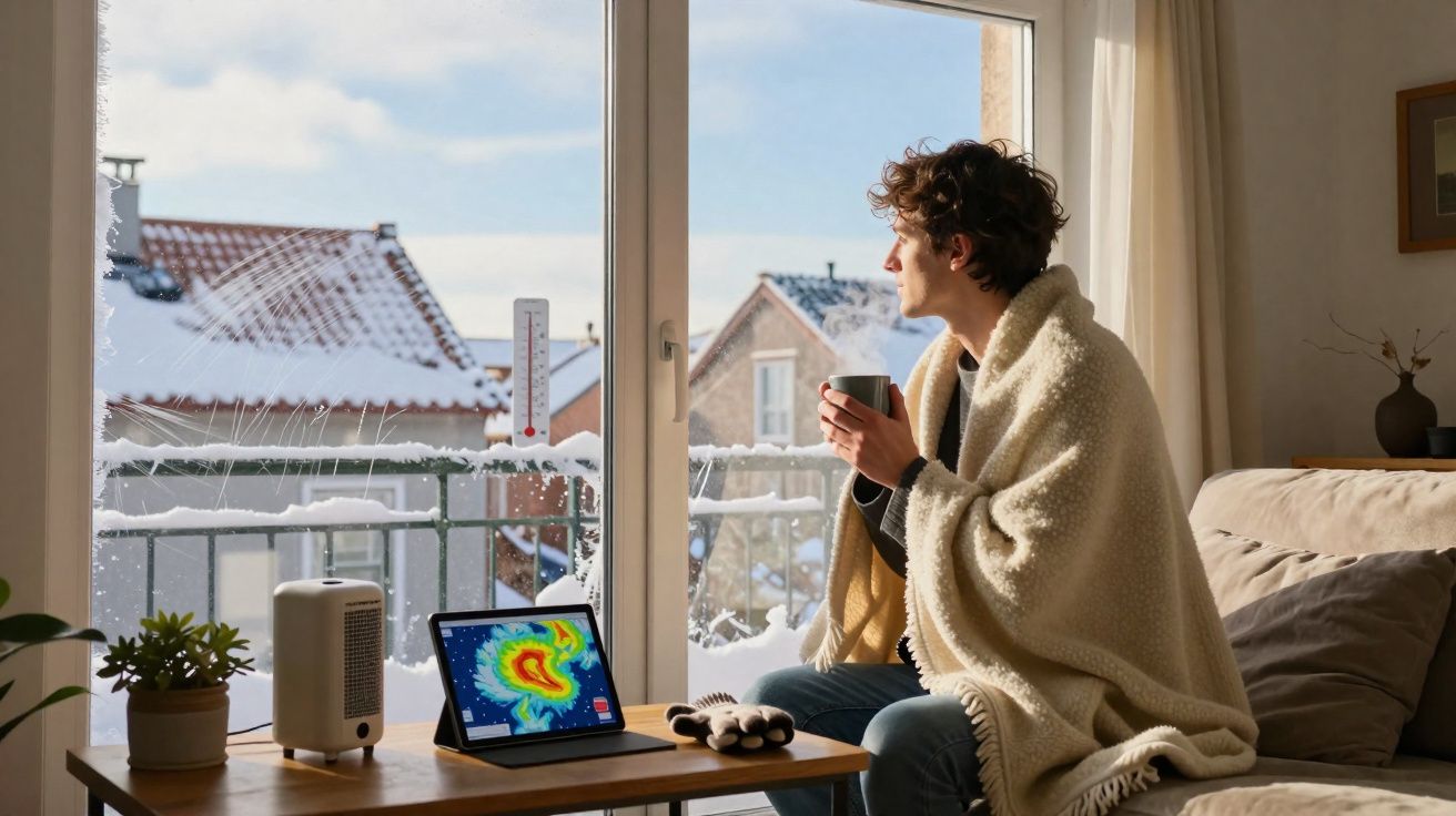 Pessoa embrulhada em manta segura caneca, olhando para neve pela janela, com aquecedor e tablet na mesa.