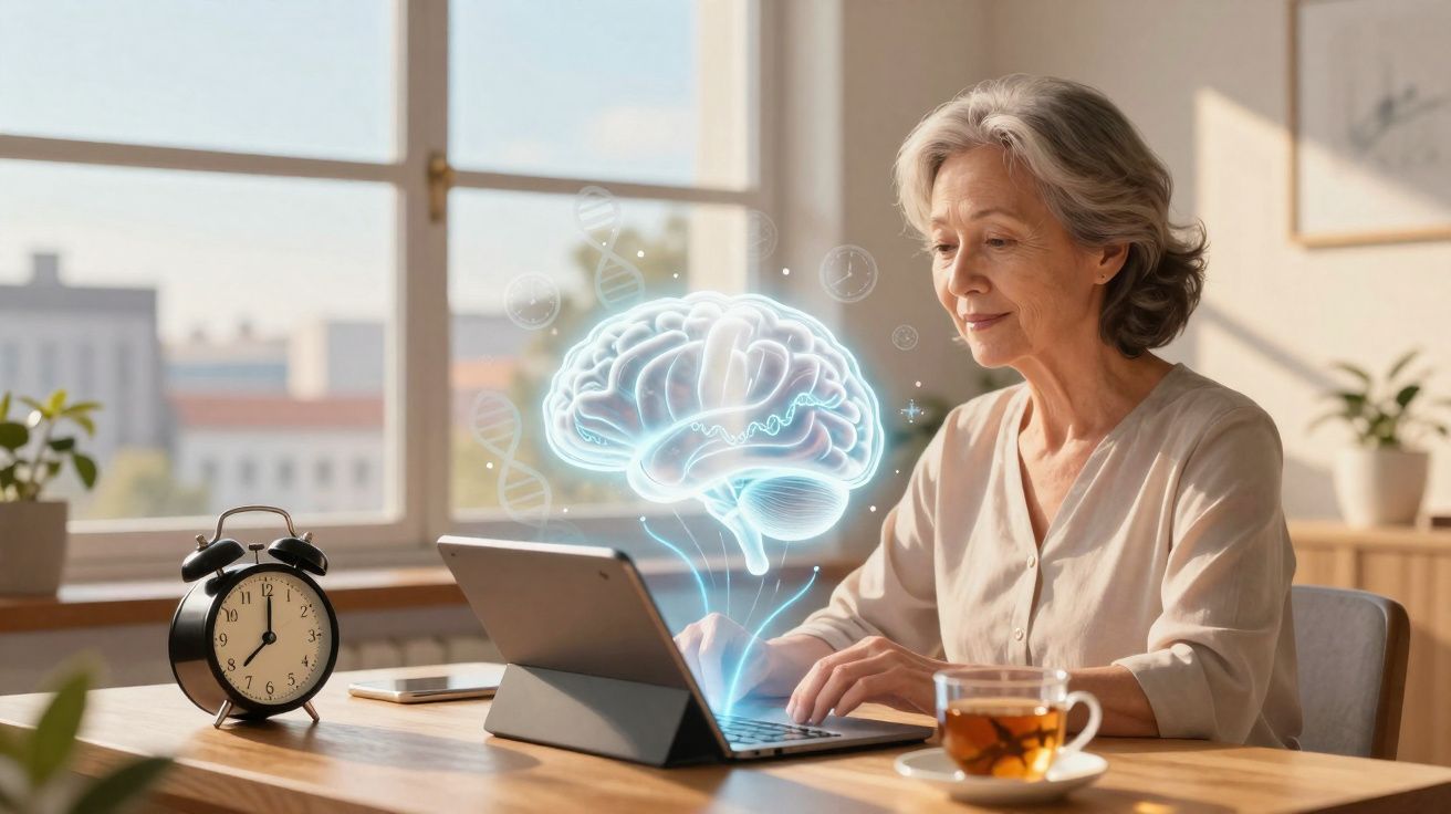 Mulher sénior a usar tablet com holograma de cérebro, sentada numa mesa junto a uma janela iluminada.