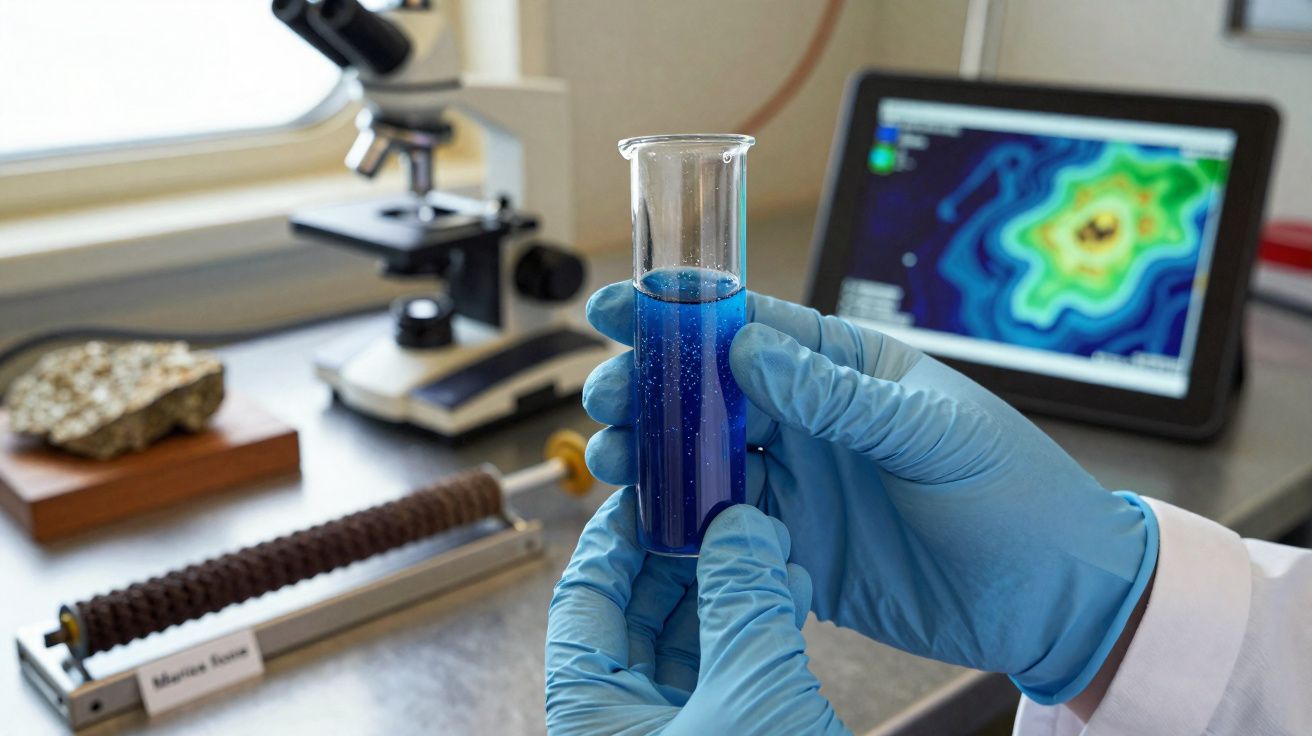 Mãos com luvas azuis seguram tubo de ensaio com líquido azul, laboratório com microscópio e ecrã ao fundo.