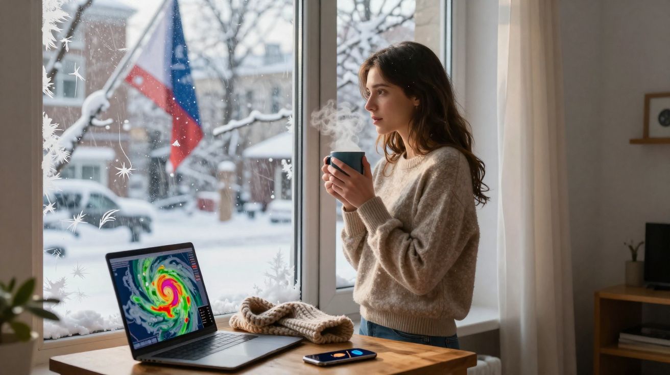 Mulher com camisola quente segura chá junto à janela com neve, laptop mostra imagem de ciclone, mesa com gorro e telemóvel.