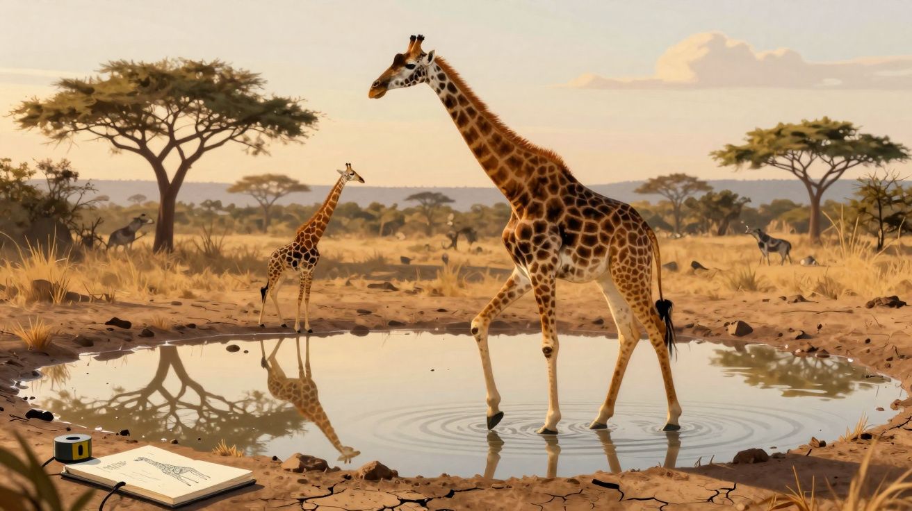 Girafas junto a um pequeno lago numa savana com vegetação típica e céu ao pôr do sol.