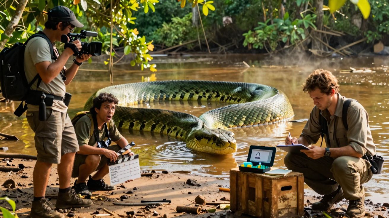 Três homens a filmar e anotar perto de um lago com uma enorme píton verde na água.