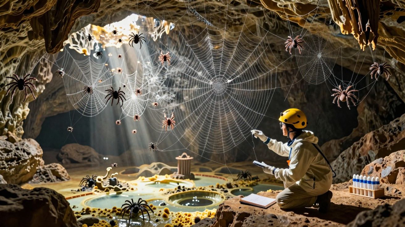 Explorador numa gruta com teias de aranha gigantes e múltiplas aranhas, a estudar com equipamento e amostras.