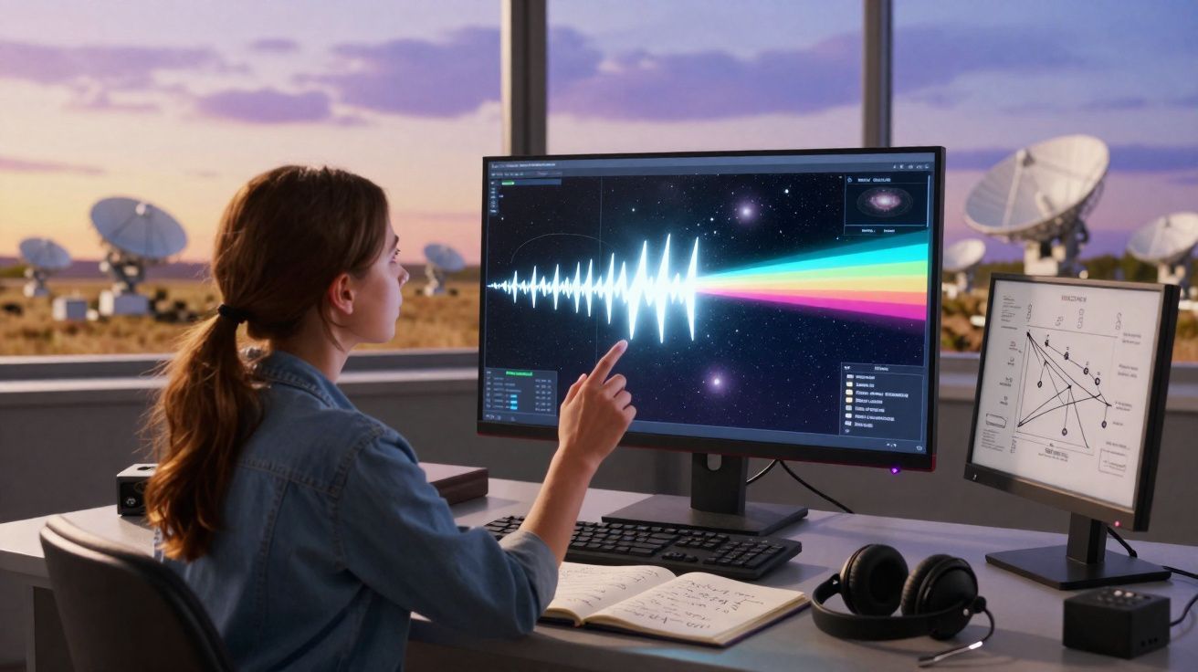 Mulher a analisar ondas sonoras e gráficos no computador numa sala com antenas parabólicas ao fundo ao pôr do sol.