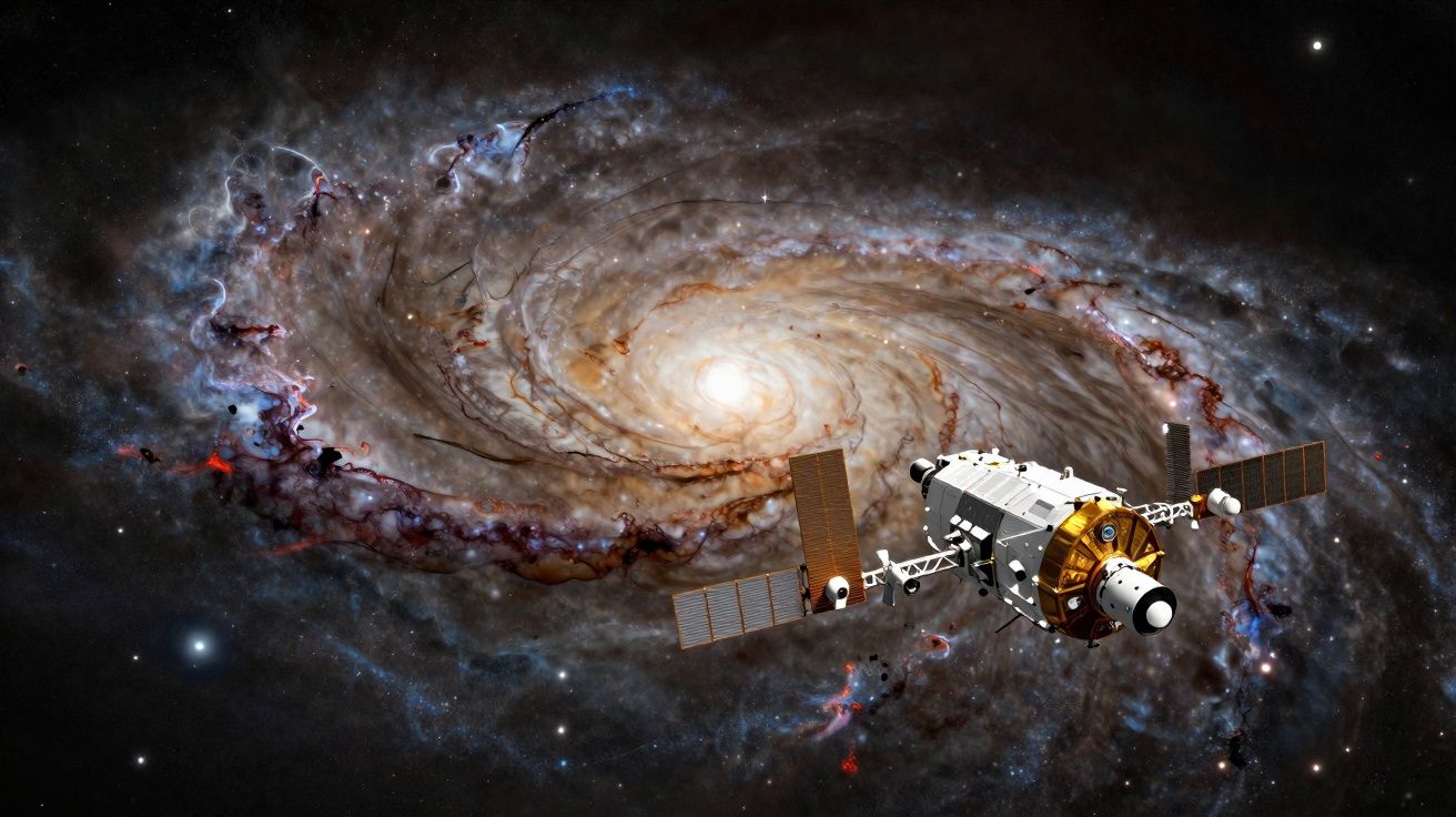 Nave espacial a orbitar uma galáxia espiral colorida no espaço profundo com estrelas ao fundo.