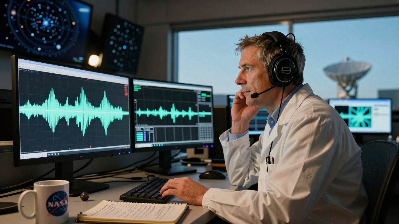 Homem com bata branca e auscultadores analisa dados de ondas sonoras em vários ecrãs num centro de controlo.