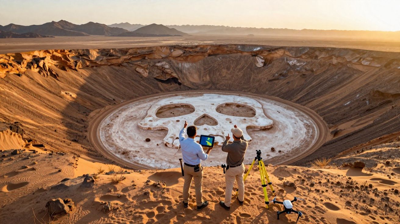 Dois homens observam uma cratera no deserto com um grande desenho de caveira no seu interior ao pôr do sol.