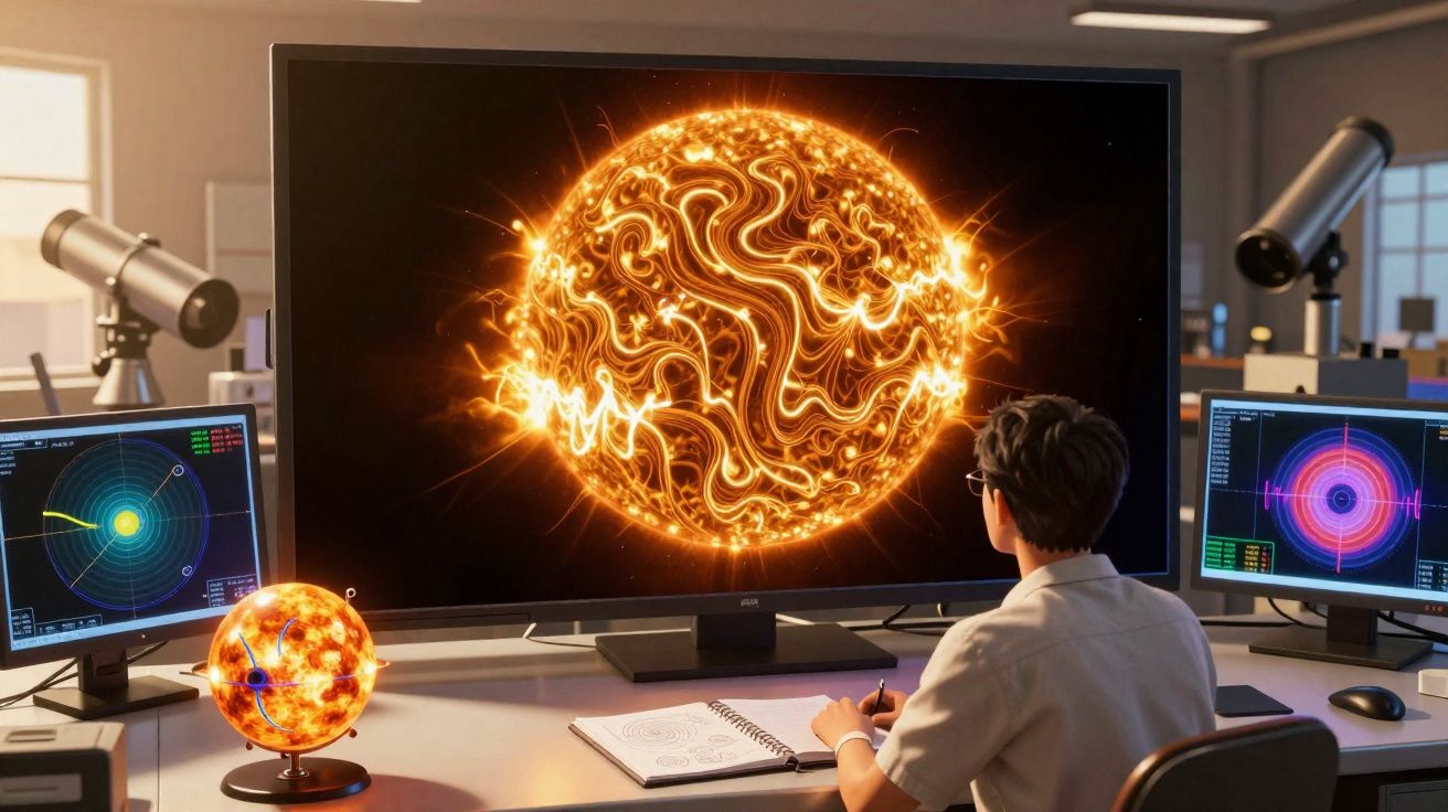 Pessoa a estudar uma simulação digital do Sol num ambiente de laboratório científico com telescópios e computadores.