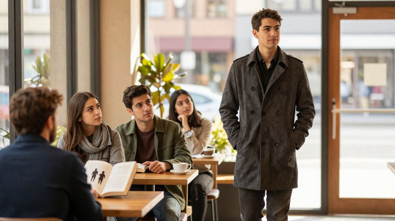 Jovem de casaco cinzento a entrar em café enquanto outras quatro pessoas o observam sentadas às mesas.