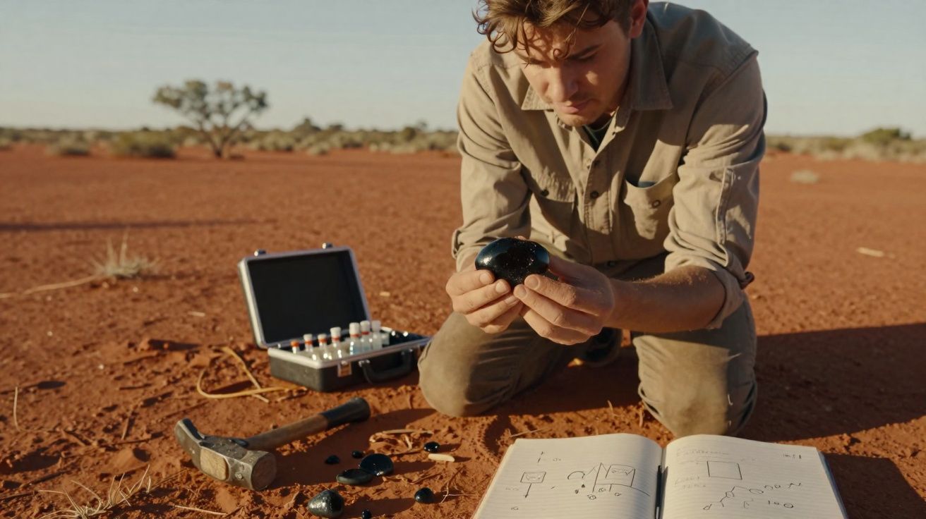 Homem analisa pedra preta no deserto com martelo, amostras e caderno de anotações ao lado.