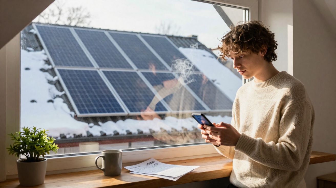 Jovem junto à janela com painéis solares no telhado coberto de neve, usando telemóvel e pagamento na secretária.