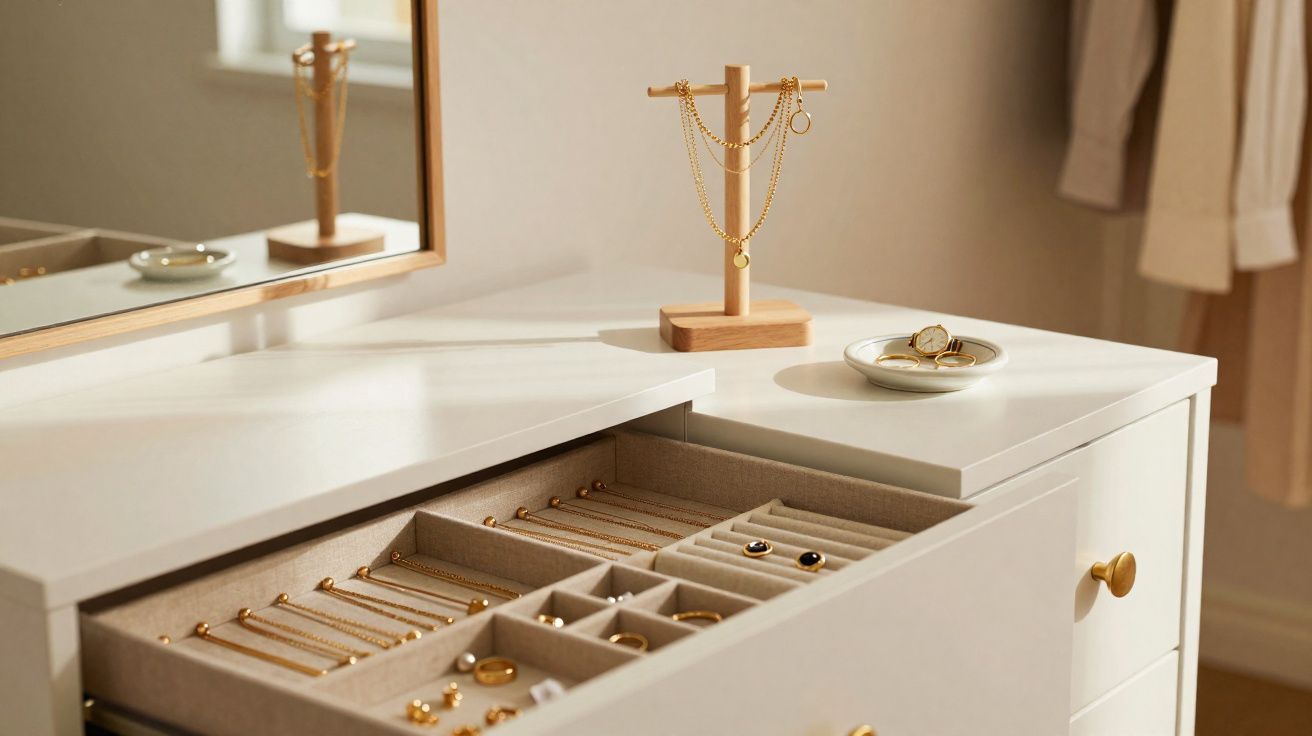 Cômoda branca com gaveta aberta exibindo joias douradas organizadas e suporte de madeira com colares.