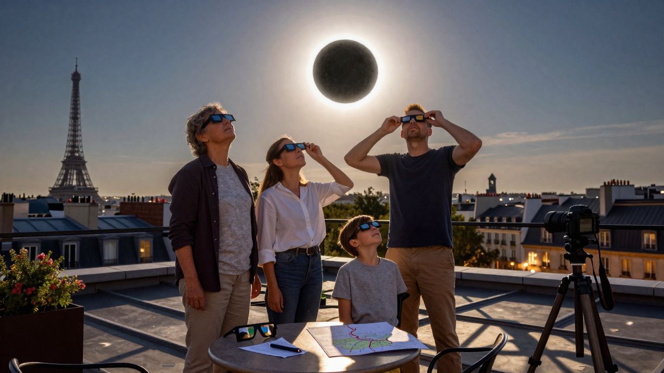 Quatro pessoas com óculos especiais observam eclipse solar em terraço, Torre Eiffel ao fundo ao pôr do sol.