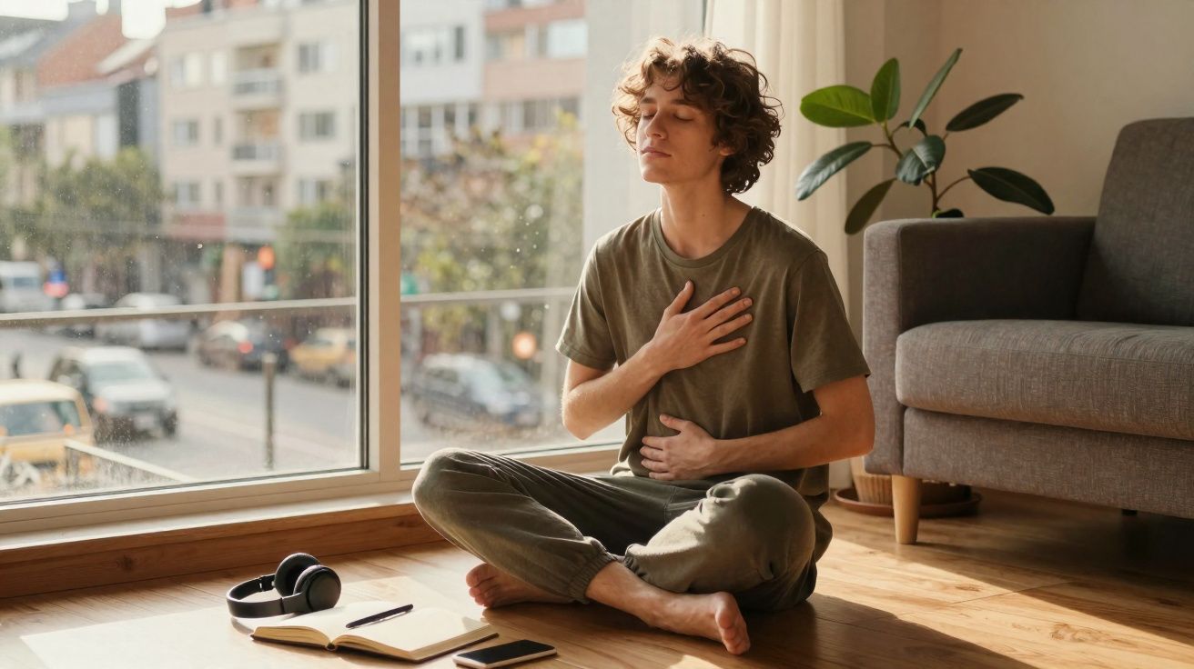 Pessoa sentada no chão junto à janela, com olhos fechados, meditando ou a respirar profundamente.