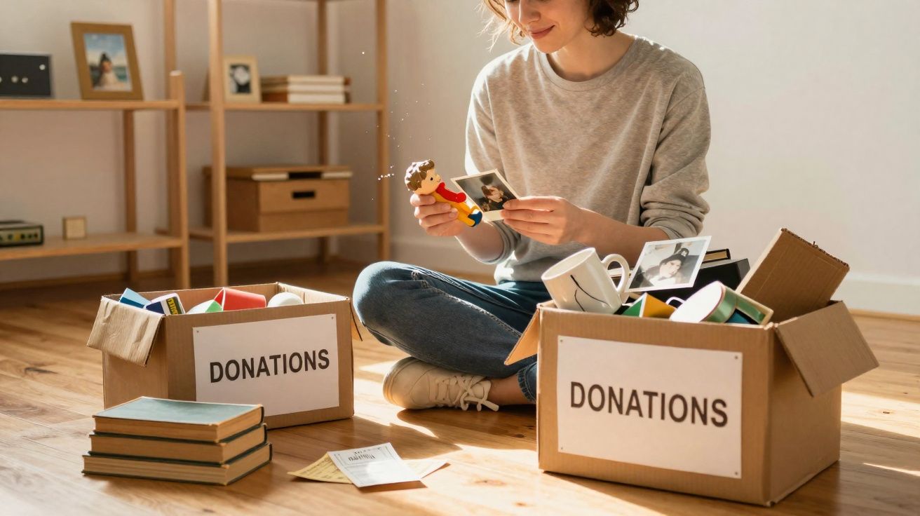 Mulher sentada no chão a organizar objetos para doar em caixas etiquetadas com "Donations".