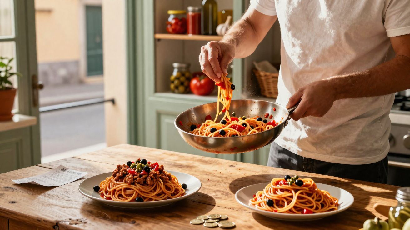 Pessoa a servir esparguete com tomate e azeitonas em pratos numa cozinha iluminada pelo sol.