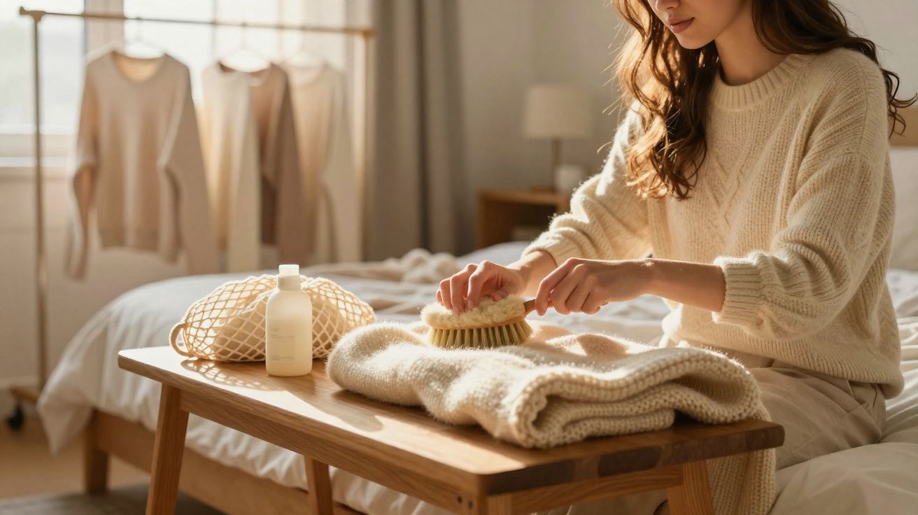 Mulher limpa suéter branco com escova numa mesa de madeira num quarto iluminado pela luz natural.