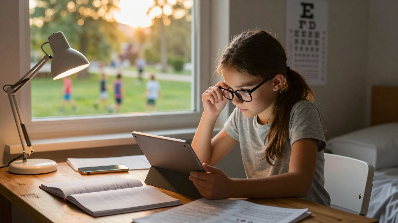 Criança de óculos a estudar com tablet e livros numa secretária perto de uma janela com vista para crianças a brincar.