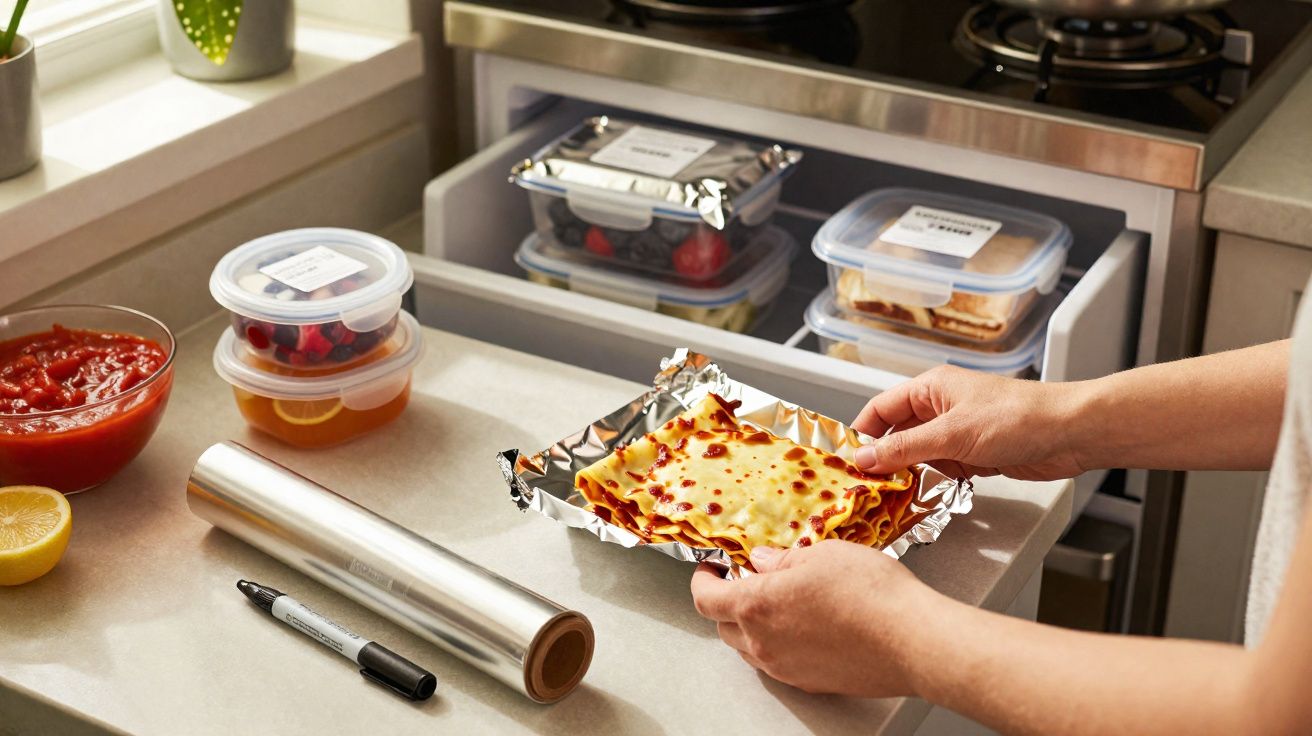 Pessoa a embrulhar lasanha em folha de alumínio para guardar na gaveta do frigorífico com recipientes de comida preparada.