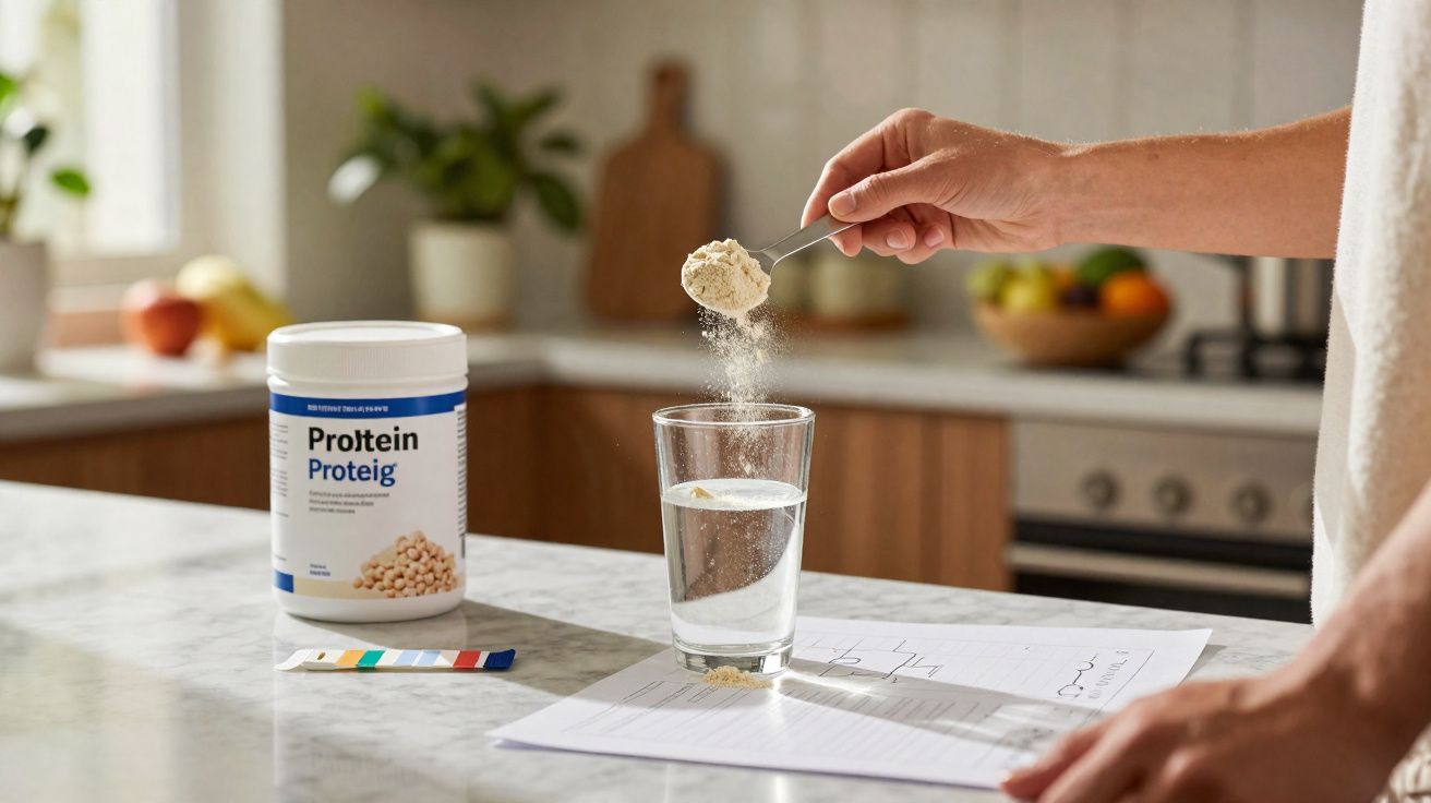 Mão a adicionar proteína em pó numa colher sobre um copo com água numa cozinha moderna.