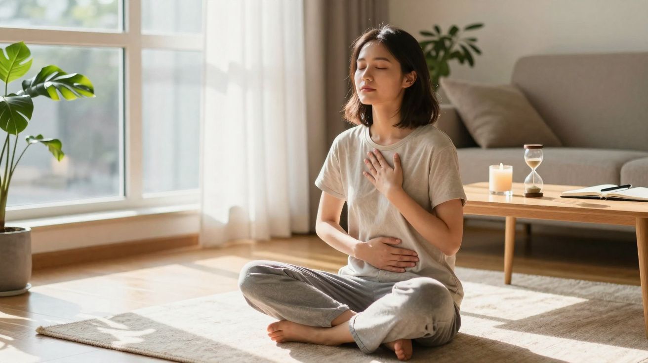 Mulher sentada no chão meditando, com olhos fechados e mãos no peito e estômago numa sala iluminada.