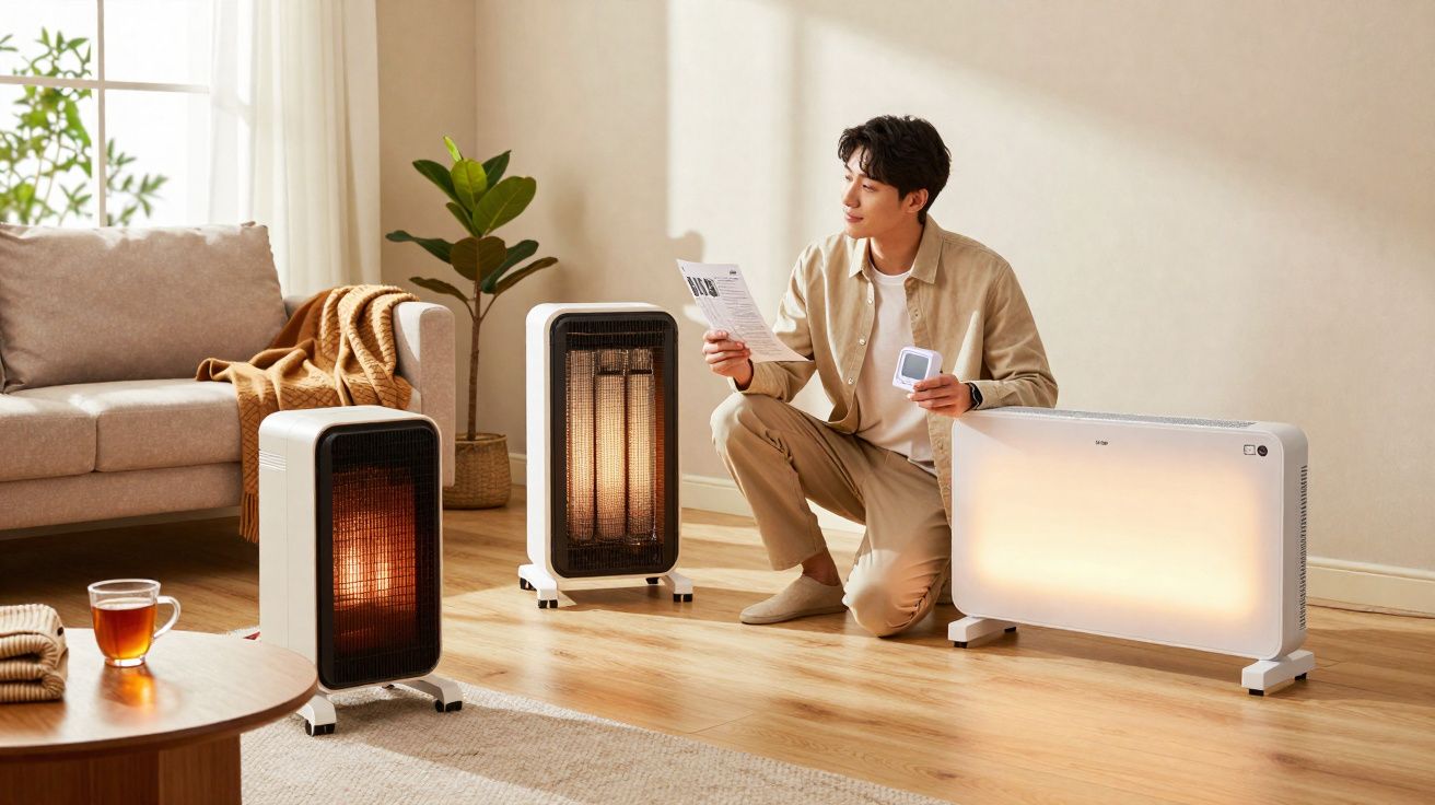 Homem a segurar um termóstato junto de três aquecedores eléctricos numa sala clara e acolhedora.