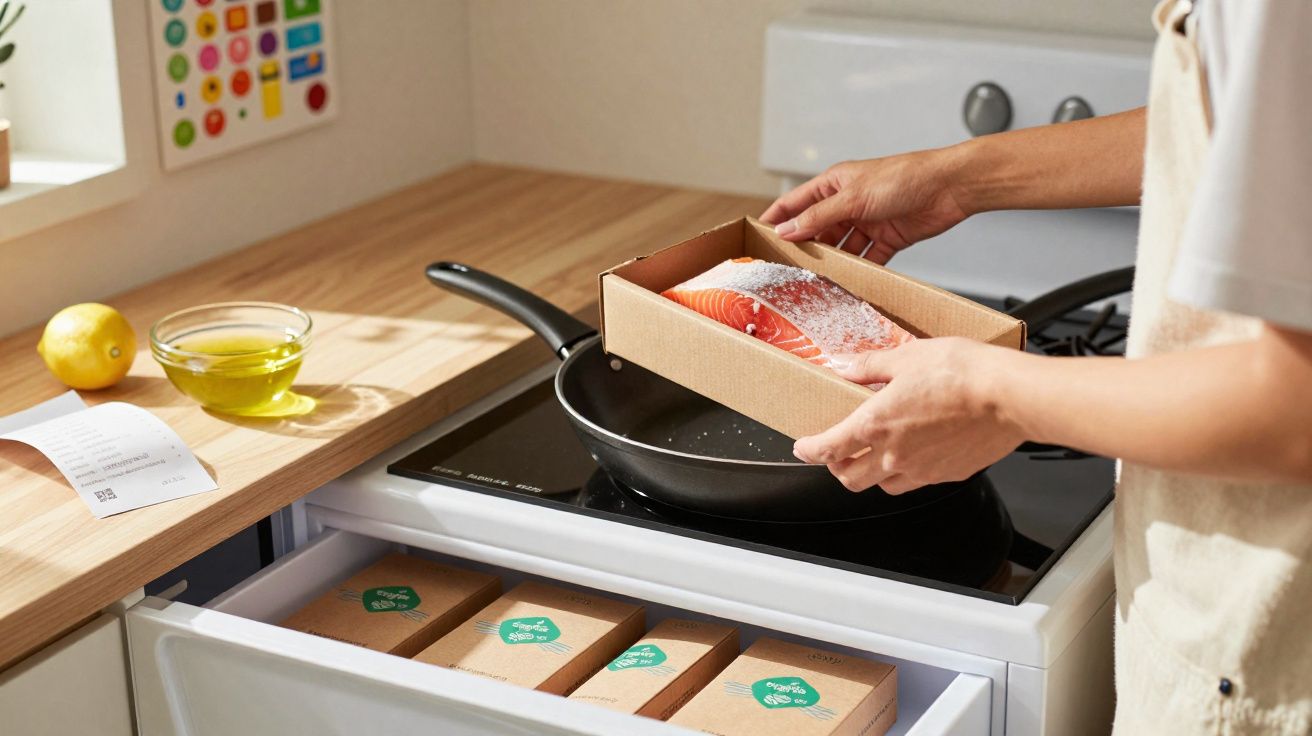 Pessoa a temperar um salmão num tabuleiro de cartão sobre um fogão preto numa cozinha com bancadas de madeira