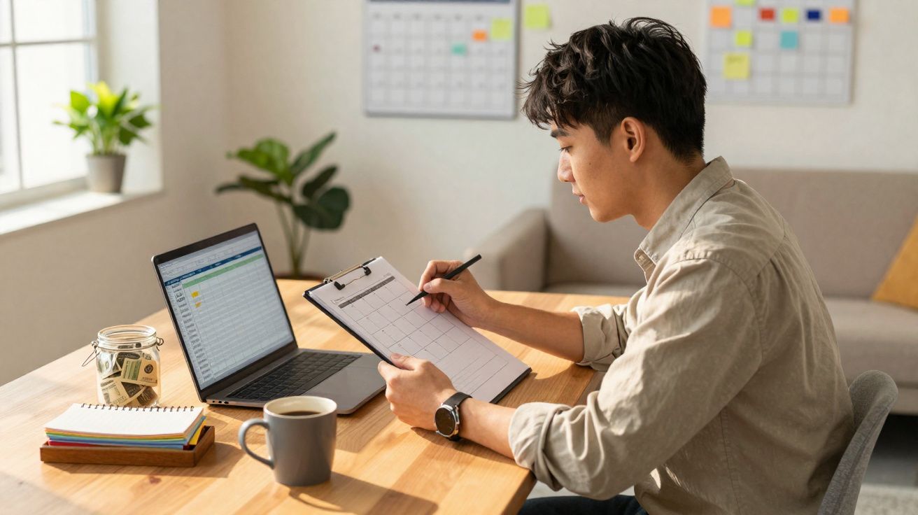 Homem sentado a organizar calendário num quadro de notas enquanto trabalha com portátil numa mesa.