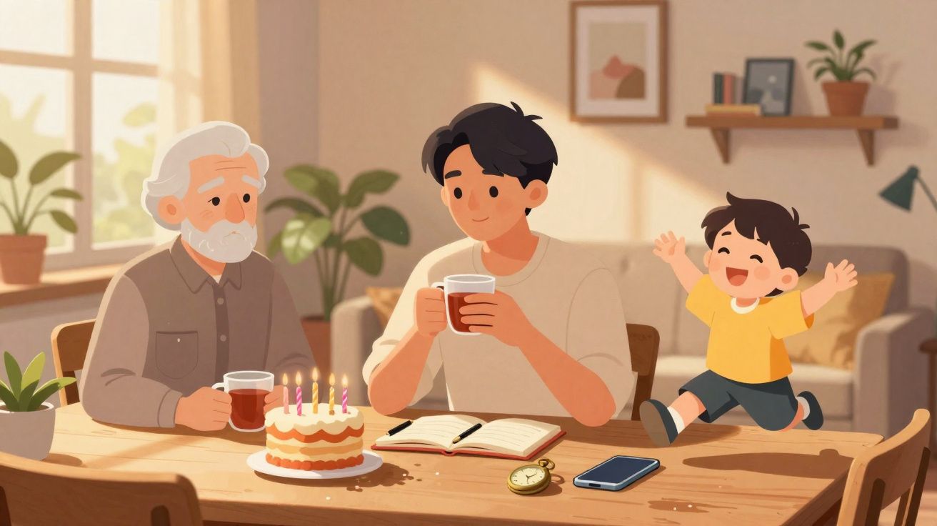 Três gerações de uma família celebram aniversário com bolo, chá e alegria numa sala iluminada.