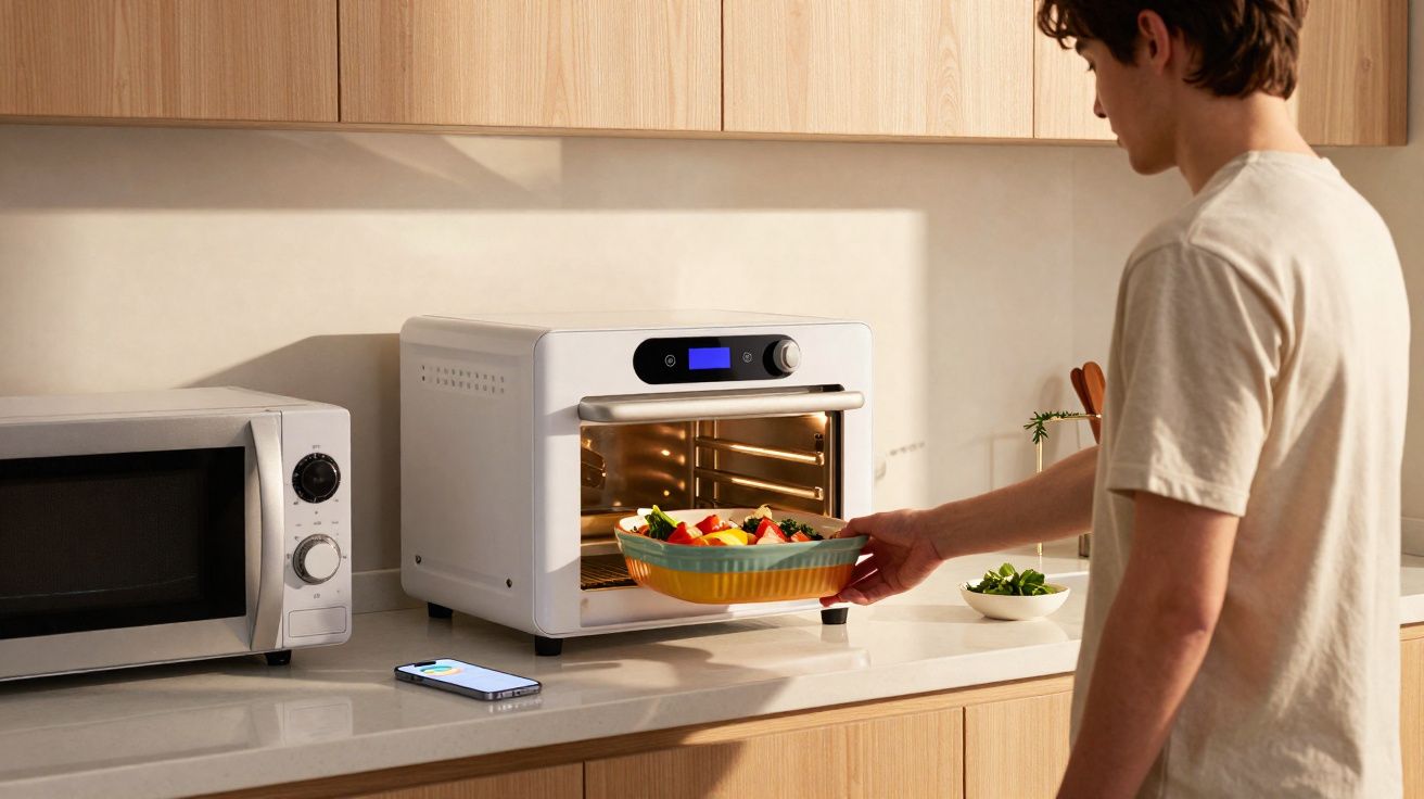 Homem a colocar tabuleiro com legumes coloridos no forno elétrico na cozinha moderna.