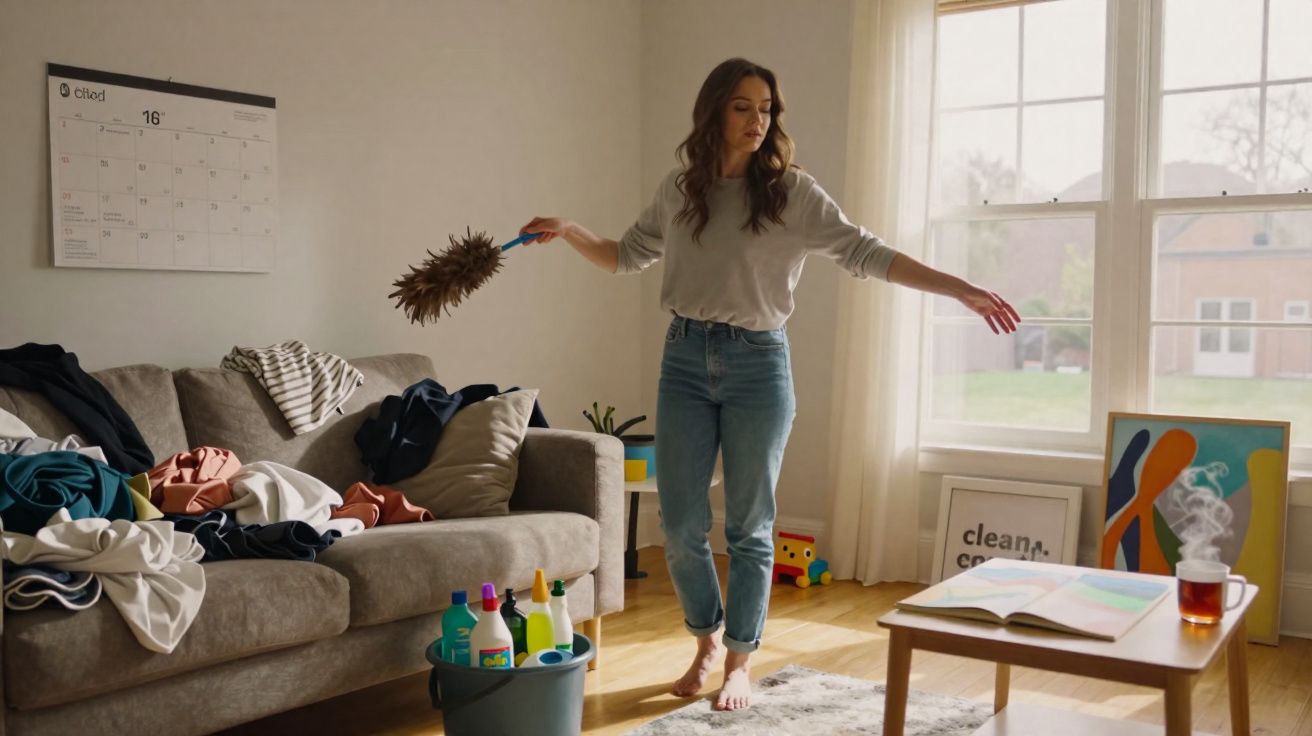 Mulher a limpar a sala, ao lado de um sofá com roupa por arrumar e produtos de limpeza no balde.