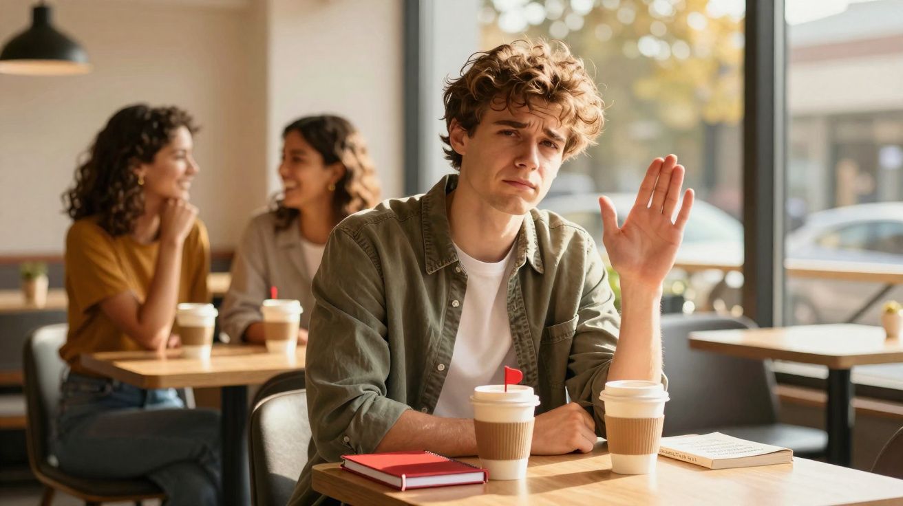 Jovem com expressão séria, levantando a mão sentado numa mesa de café, enquanto duas mulheres conversam ao fundo.