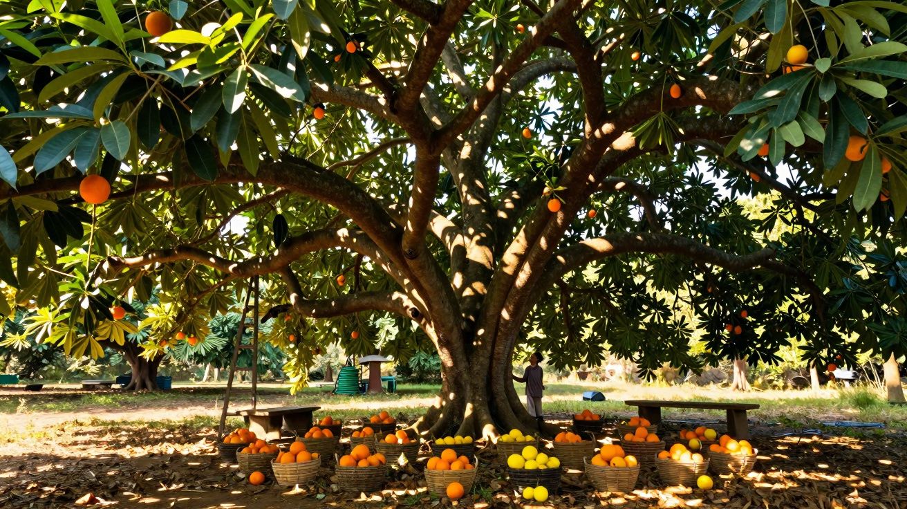 Árvore com frutos alaranjados rodeada por cestos cheios de laranjas e limões à sombra em pomar.