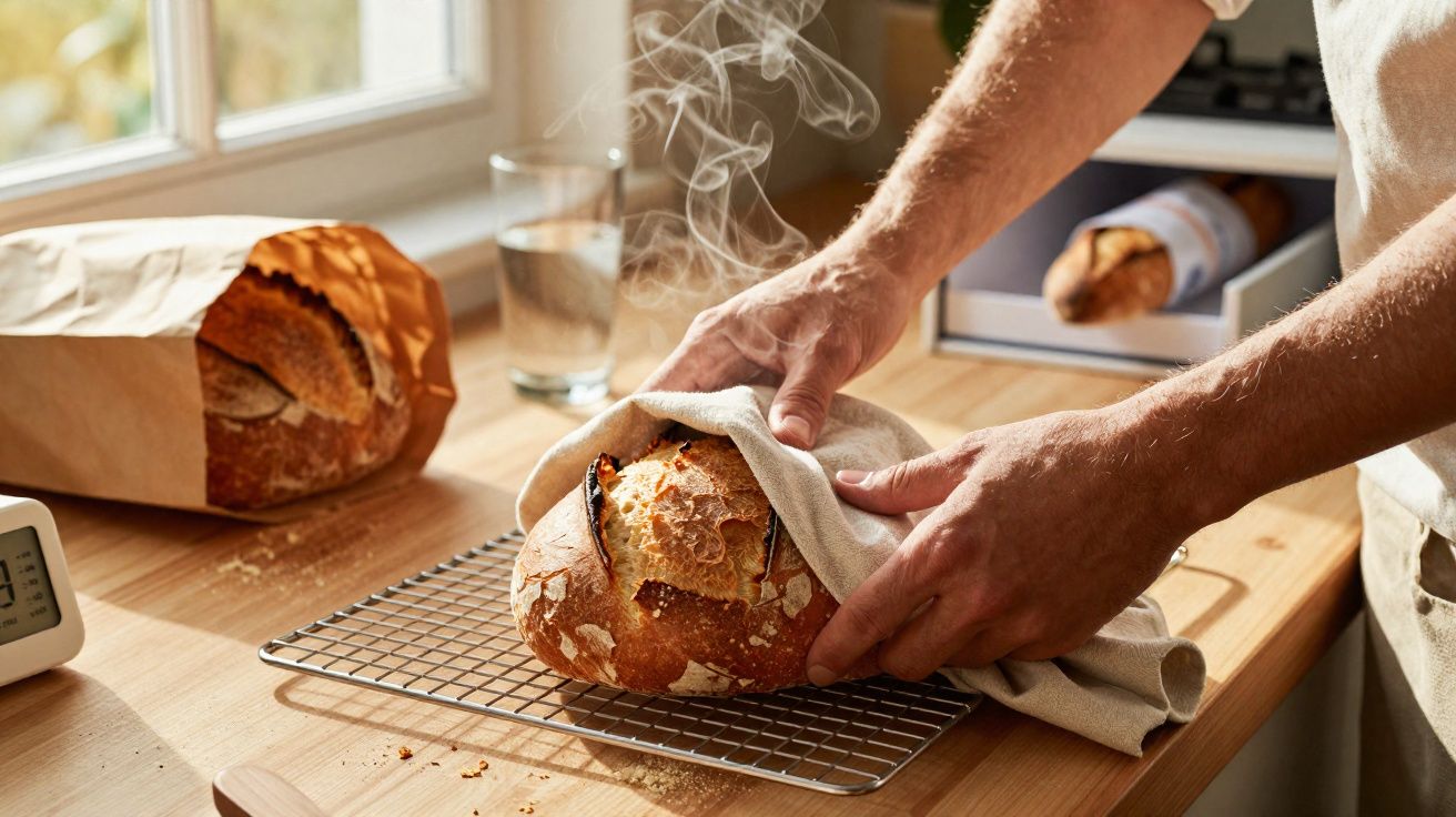 Pão quente a ser retirado do tabuleiro com um pano, com vapor saindo e uma mesa de madeira com pão embalado.