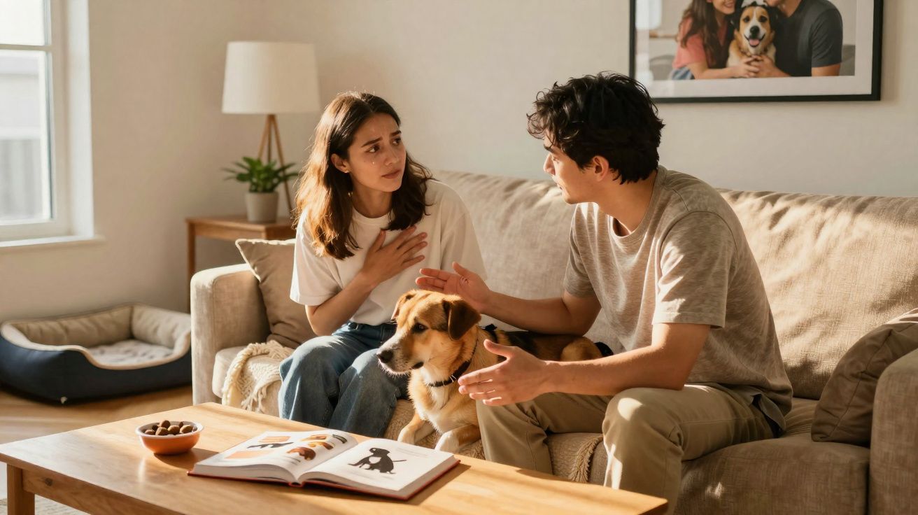 Casal conversa no sofá com cão no meio e livro aberto sobre animais na mesa de madeira.