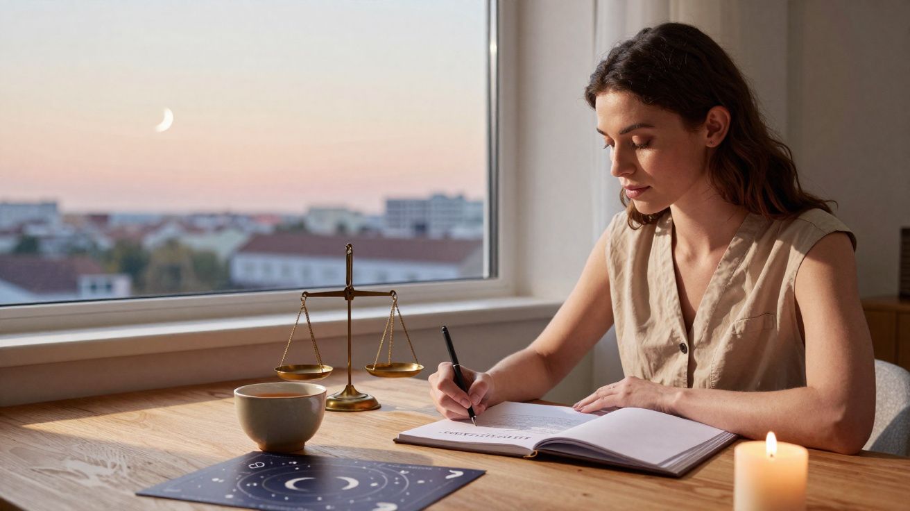 Mulher escreve num caderno numa mesa com vela, taça de café e balança, ao entardecer junto a uma janela.