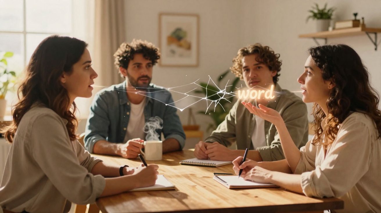 Quatro jovens em reunião colaborativa à mesa, com ilustração digital da palavra "word" entre eles.