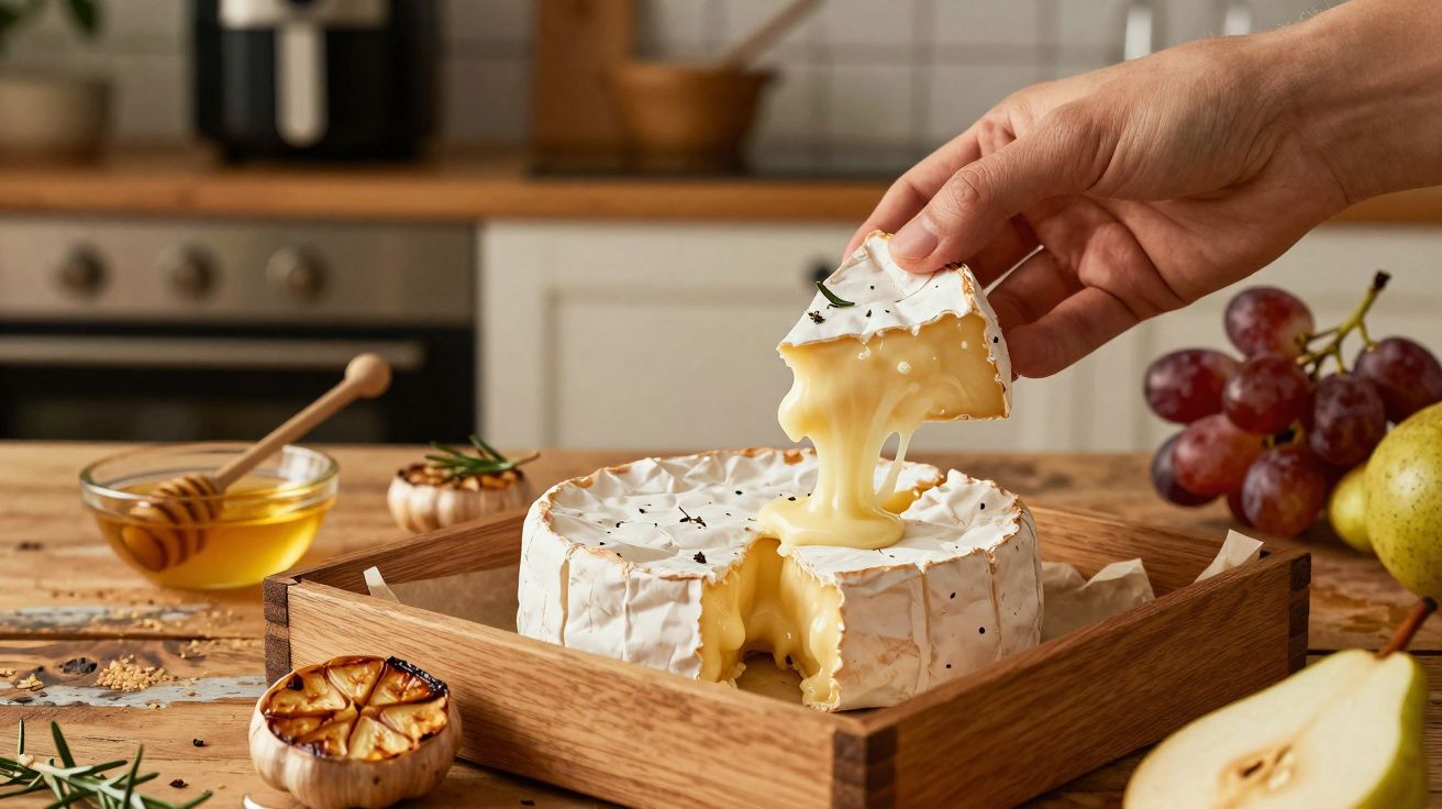 Mão a puxar fatia de queijo cremoso derretido servido numa tábua com mel, alho grelhado, uvas e pêras.