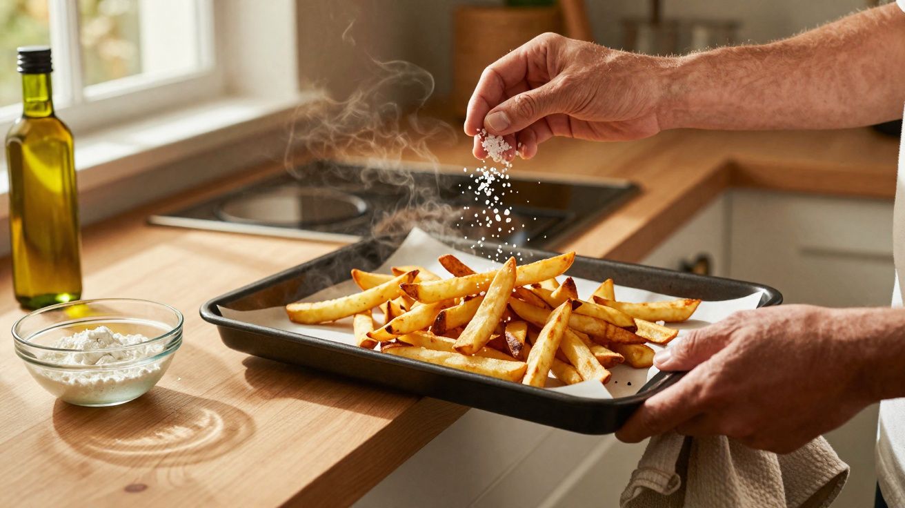 Mãos a temperar batatas fritas quentes com sal numa tabuleiro de forno numa cozinha luminosa.