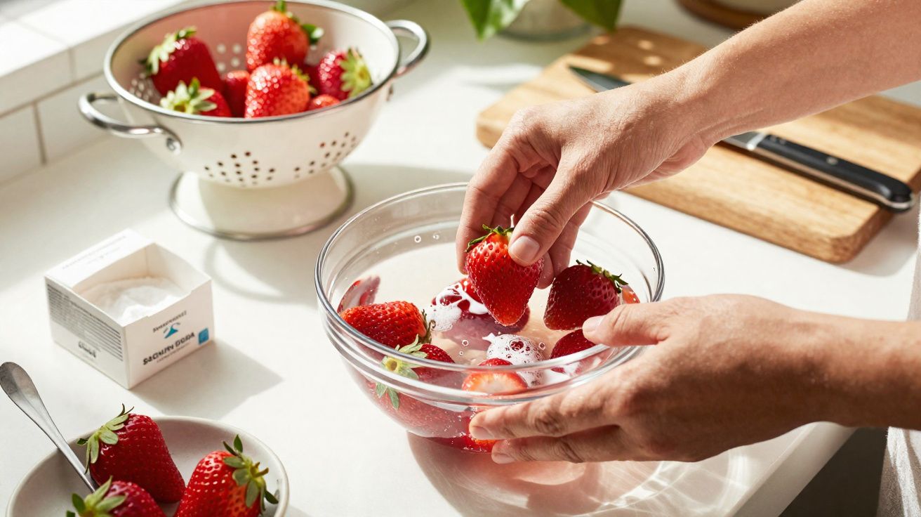 Mãos a lavar morangos numa taça com água numa cozinha iluminada com morangos em coador e prato.