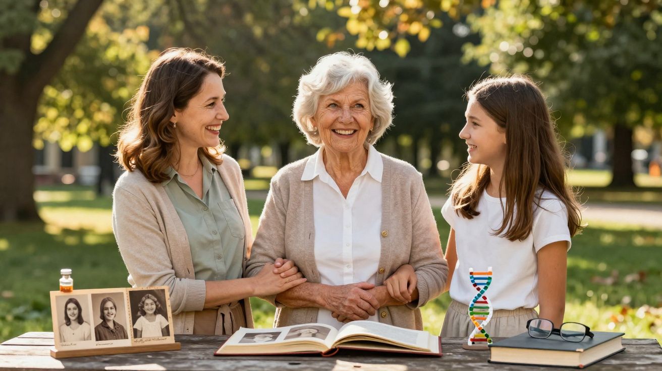 Três gerações de mulheres sorrindo num parque com fotografias antigas e livro aberto numa mesa de madeira.