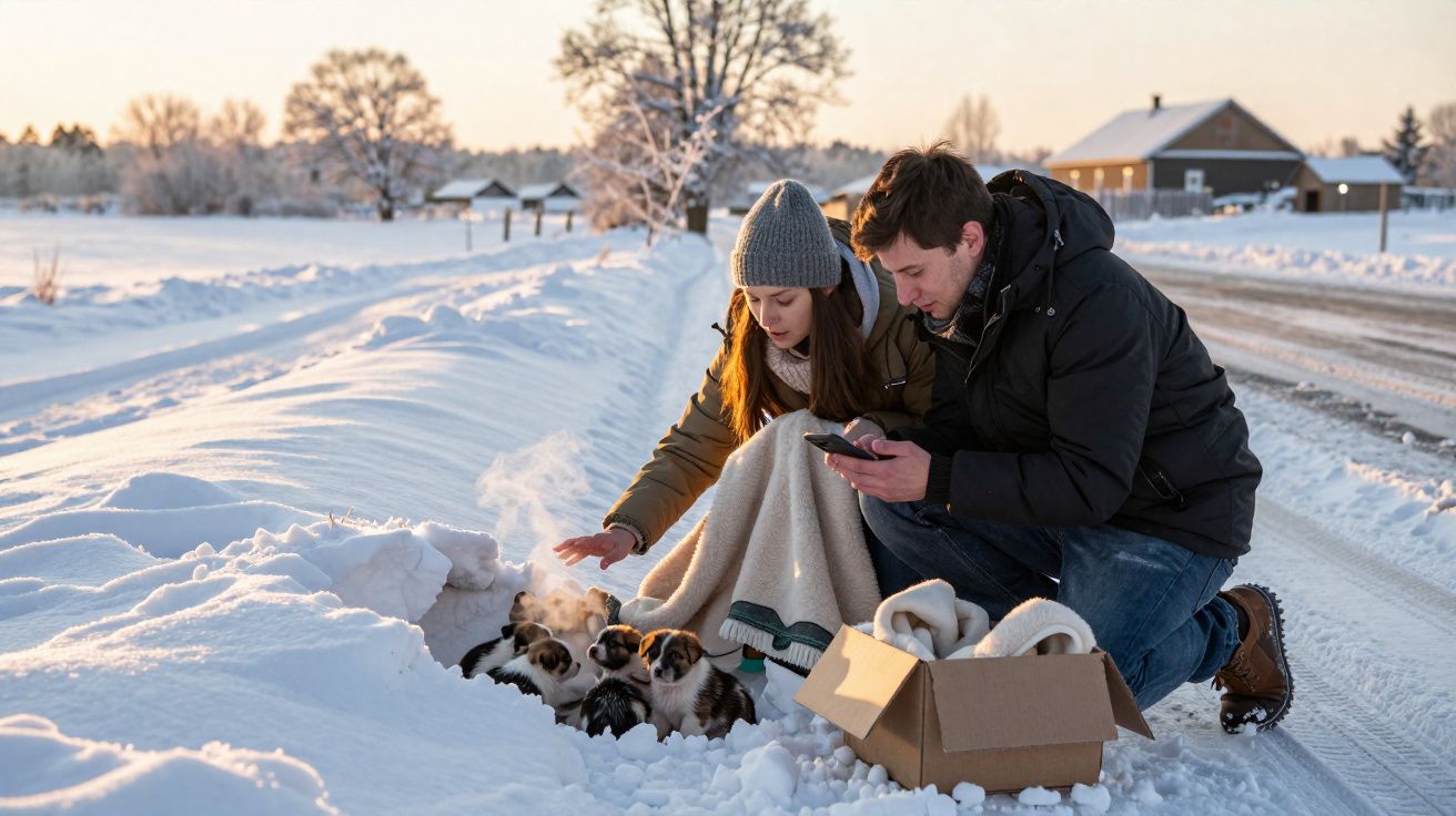 Casal vestido para o frio cuida de cachorros numa vala coberta de neve junto a estrada rural ao pôr do sol.