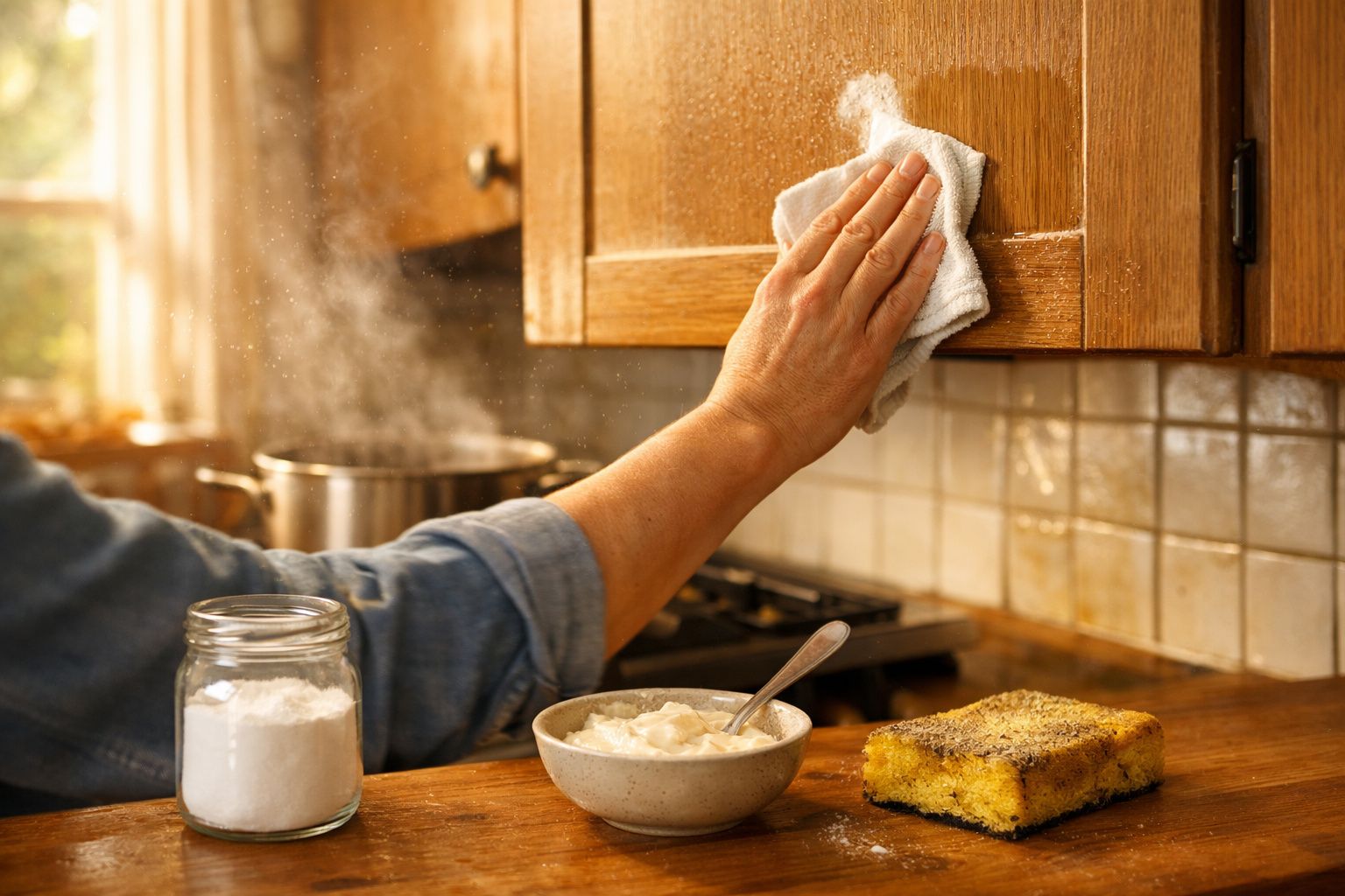 Pessoa a limpar um armário de cozinha em madeira com um pano branco, ao lado de potes e comida.