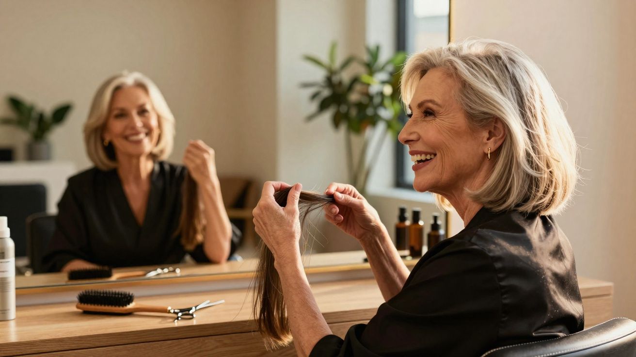 Mulher sorridente a cortar o próprio cabelo em frente a um espelho num ambiente acolhedor.