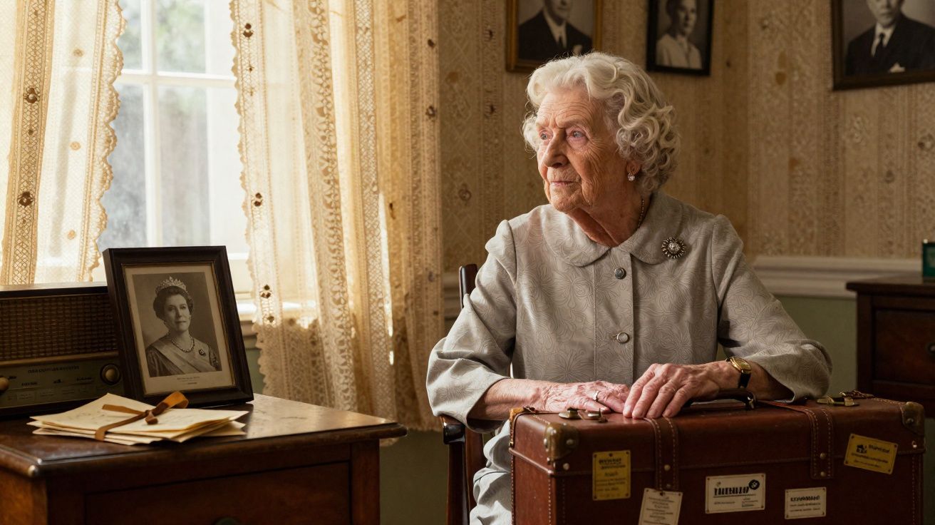 Senhora idosa sentada junto a mesa com mala antiga, olhando pela janela numa sala decorada vintage.