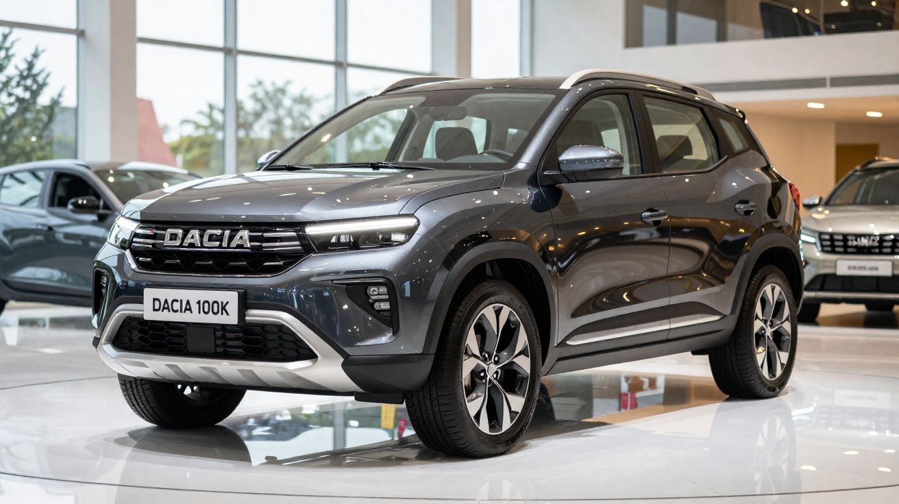 SUV cinzento Dacia 100K em exposição numa sala de showroom moderna e iluminada.