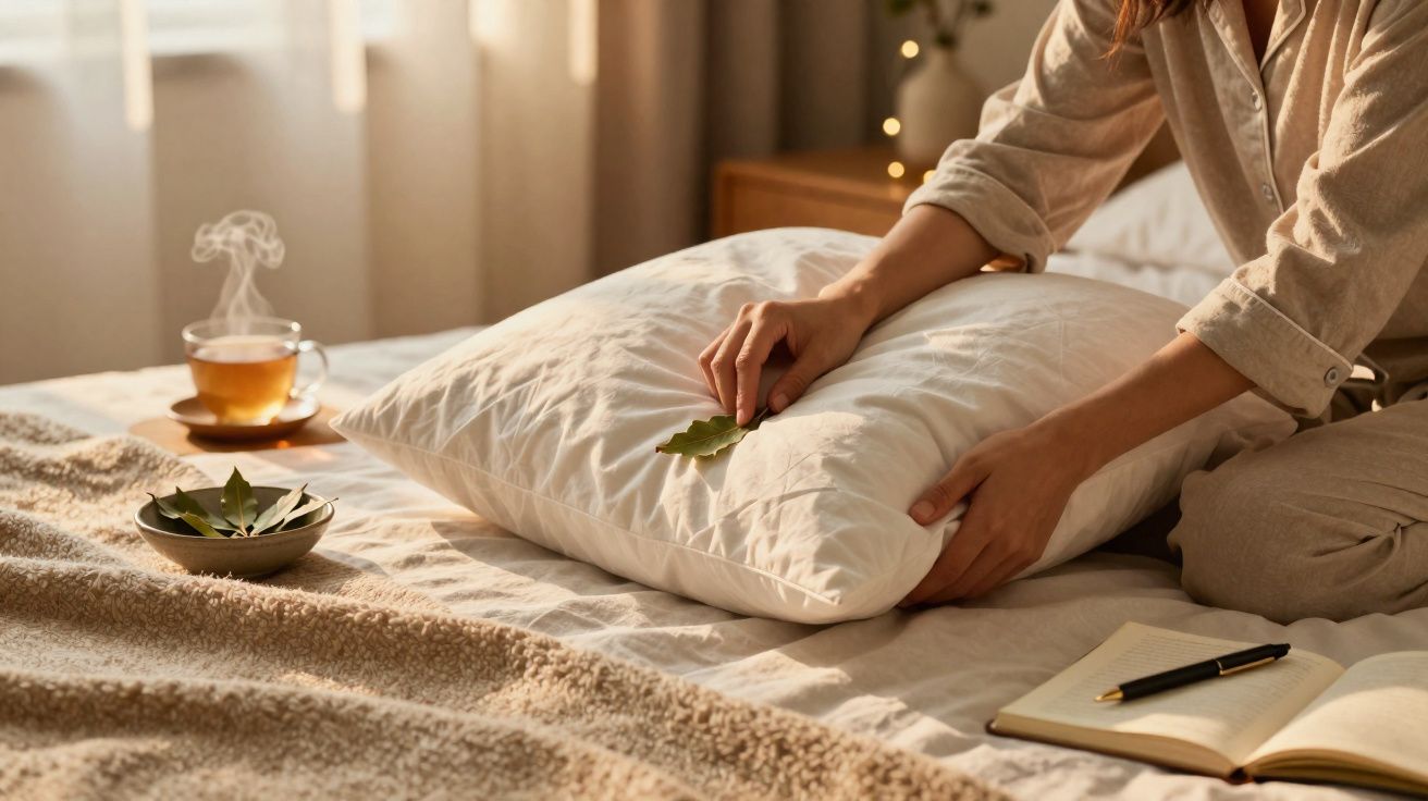 Pessoa a pousar folha sobre almofada numa cama com chá e caderno ao lado em ambiente acolhedor.