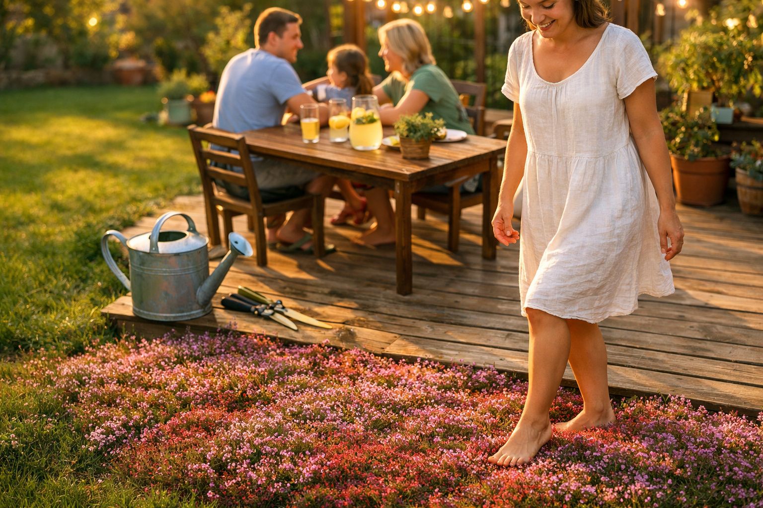 Mulher de vestido branco descalça caminha em flores junto a família a beber sumo numa esplanada de madeira.