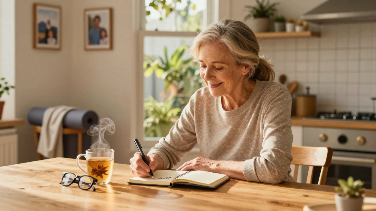Mulher idosa a escrever num caderno, sentada à mesa da cozinha com chá quente e óculos ao lado.
