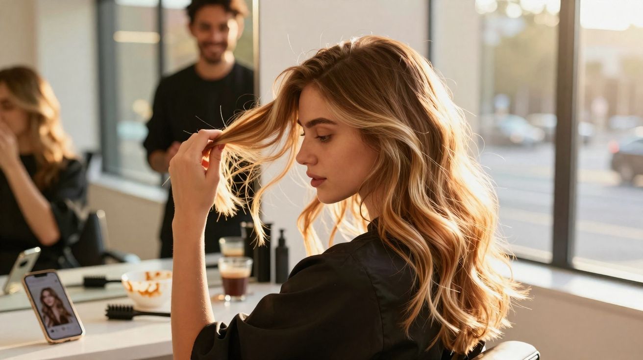 Mulher loira a olhar para o cabelo num salão de beleza, com espelho, telemóvel e pessoas ao fundo.